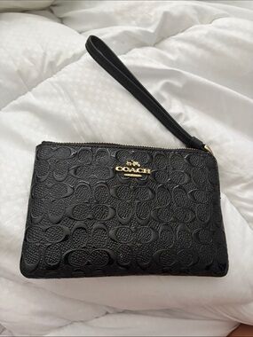 Coach Black Embossed Signature Leather Wristlet with Gold Logo